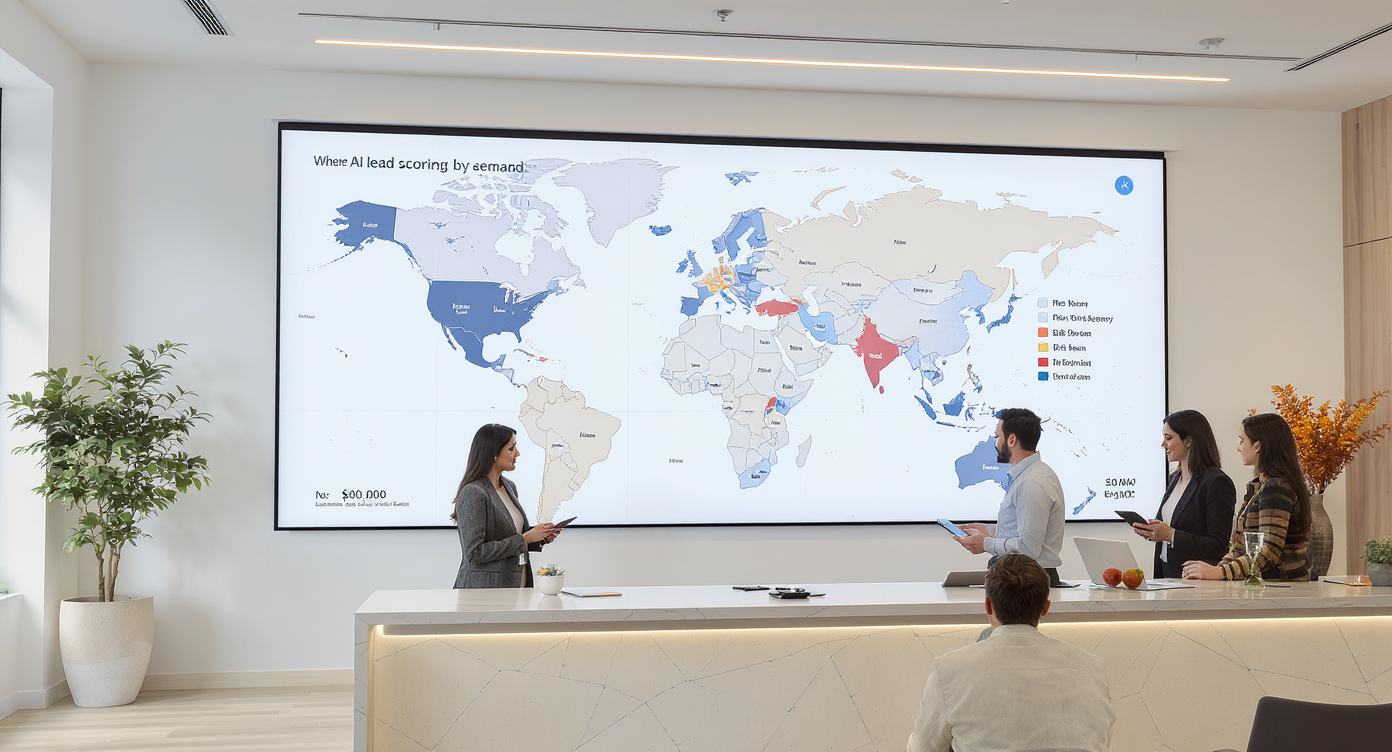 Agents collaborate by interactive map showing segmented real estate markets in bright office.