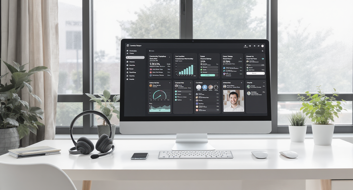 Minimalist agent workspace with white desk, all-in-one computer displaying automation dashboard, wireless headset, smartphone with messaging app, natural daylight and green foliage.