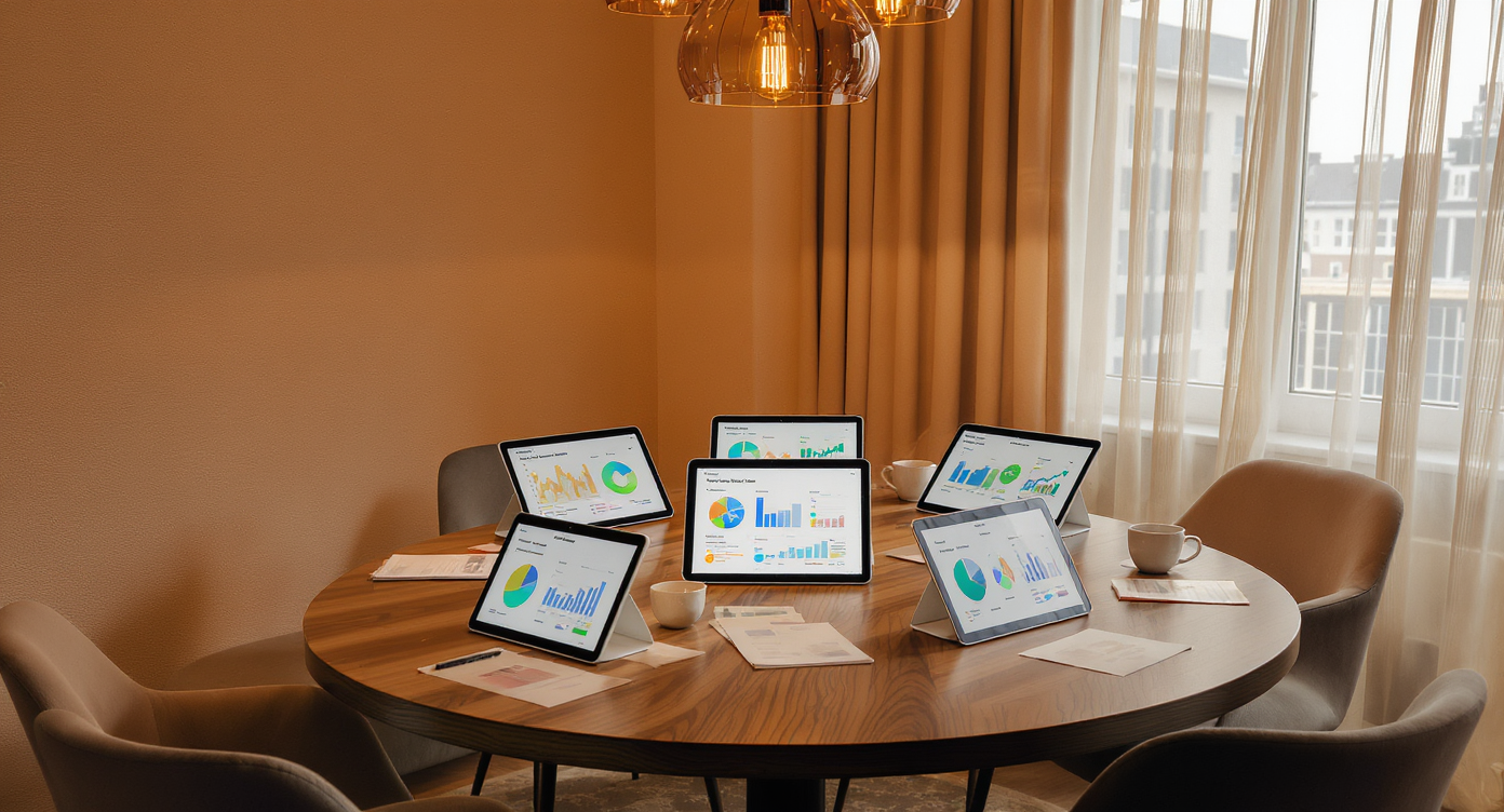 Meeting nook with round wooden table, tablets displaying color-coded regional real estate data charts, warm pendant lighting, and beige fabric walls.