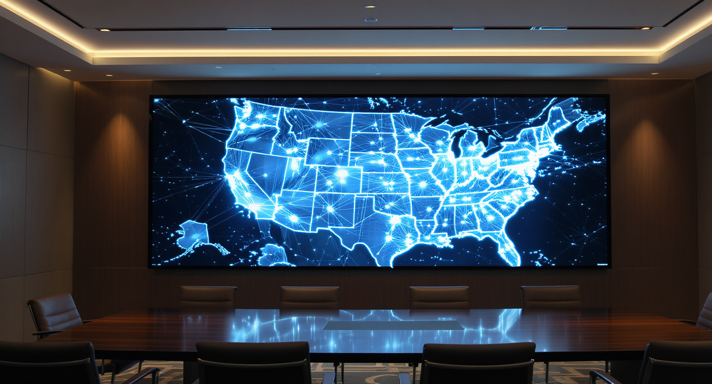 Conference room with large digital map of US real estate data coverage on wall screen, polished wood tables, leather chairs, and soft overhead lighting.