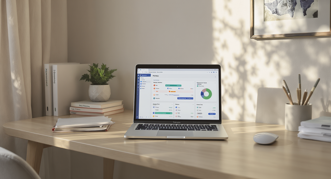 Home office with light wood desk, open laptop displaying workflow dashboard, property files, potted plant, pastel textured wall with framed art.
