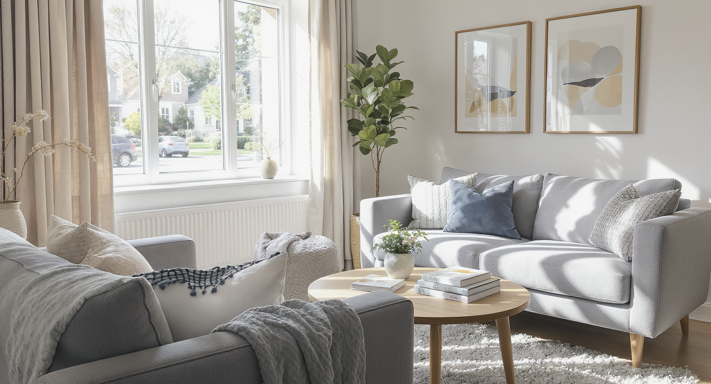 Sunlit living room with grey fabric couches, wooden coffee table holding real estate brochures, large window revealing quiet neighborhood street.