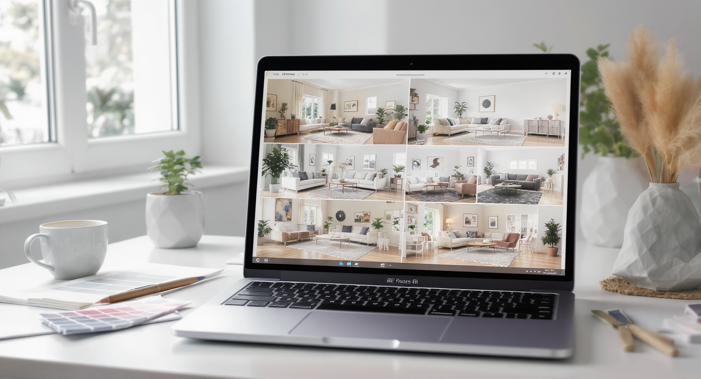 Home workspace showing laptop screen displaying multiple photorealistic living room designs emerging from a single photo.
