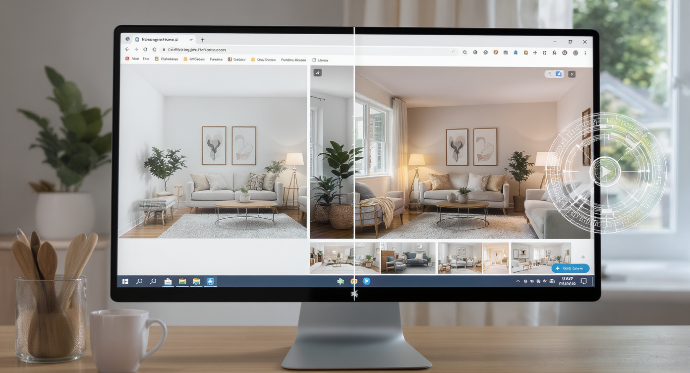 Computer screen showing before-and-after room images demonstrating fast AI-generated cozy living room designs from a single photo.