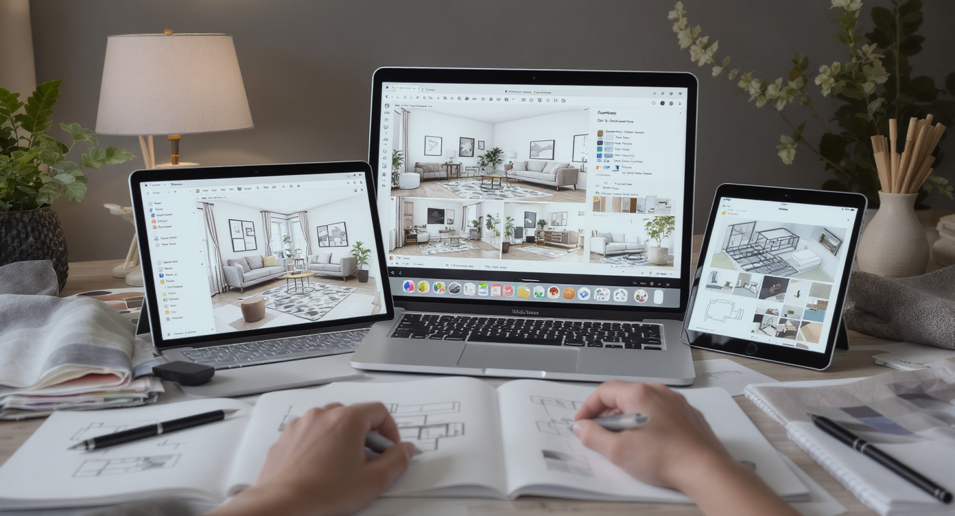 Designer workspace displaying AI-assisted floor plans and 3D home layouts alongside traditional sketches and fabric samples.