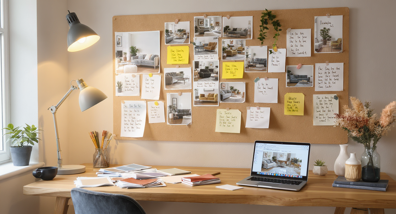 Designer workspace featuring a moodboard of real living room designs, tip notes, and a laptop with ReimagineHome.ai open.