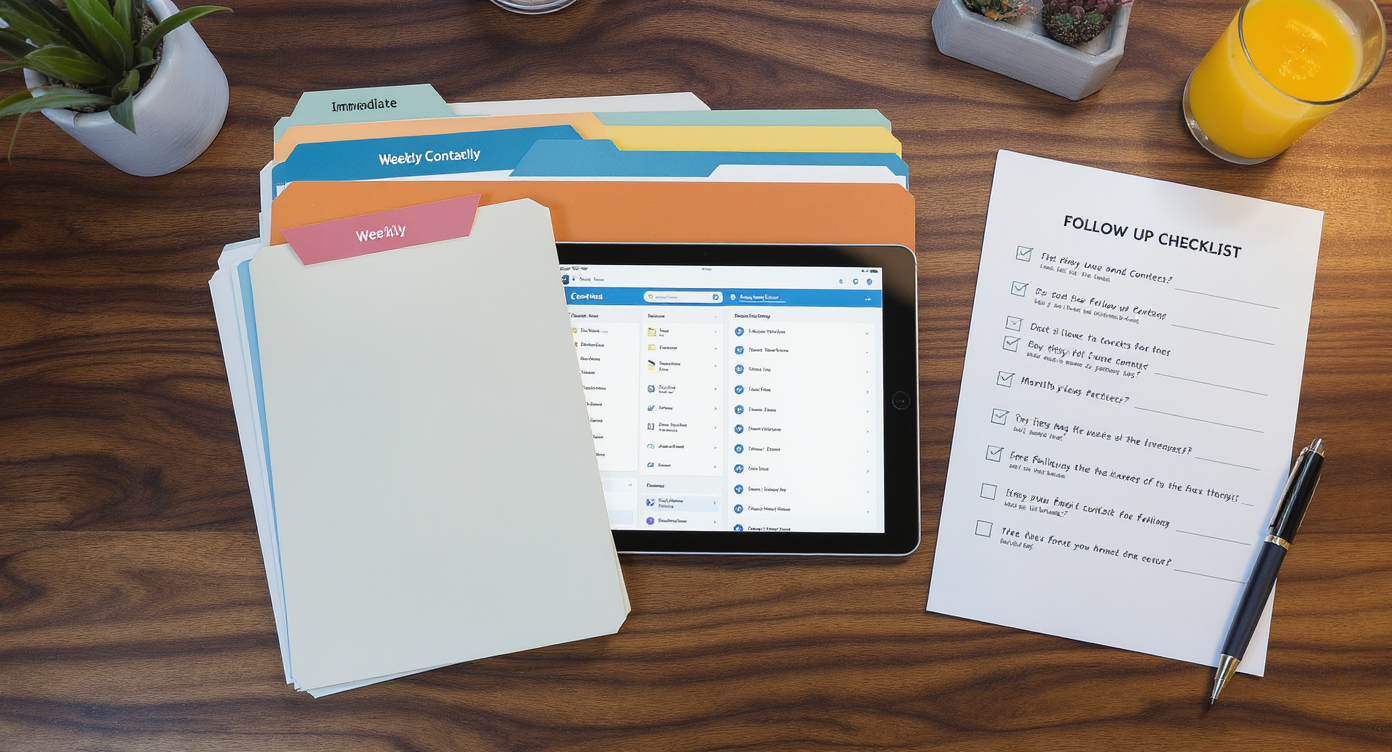 Overhead view of organized folders, tablet with contact app, and checklist on wooden desk under soft daylight.