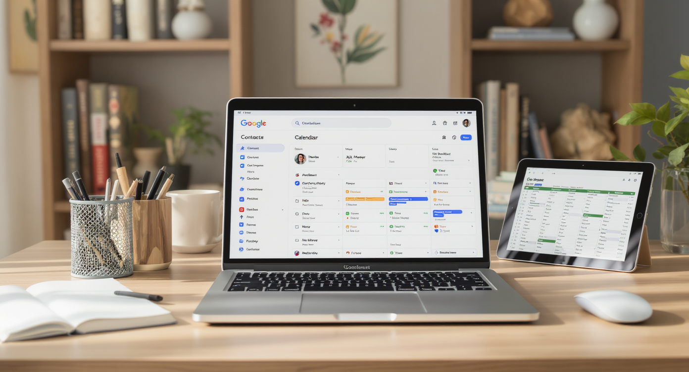 Bright desk with laptop showing Google tools, tablet with spreadsheet, natural wood accessories, and stylish bookshelf background.