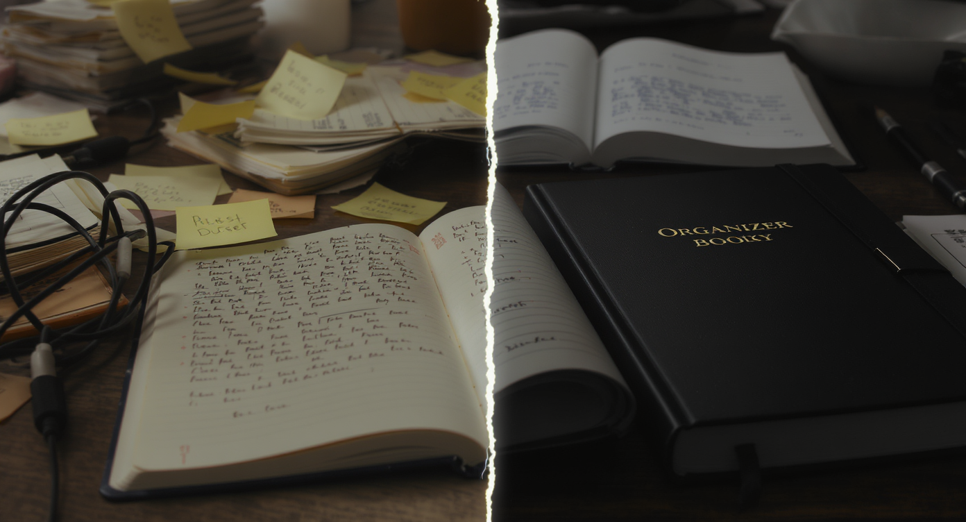 Messy desk with sticky notes, open notebook with contacts, tangled charger with closed neat organizer beside it.