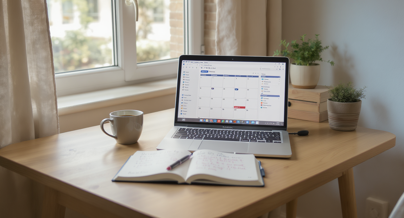 Bright home office nook with laptop, calendar app on screen, notebook, coffee cup, and potted plant by window.