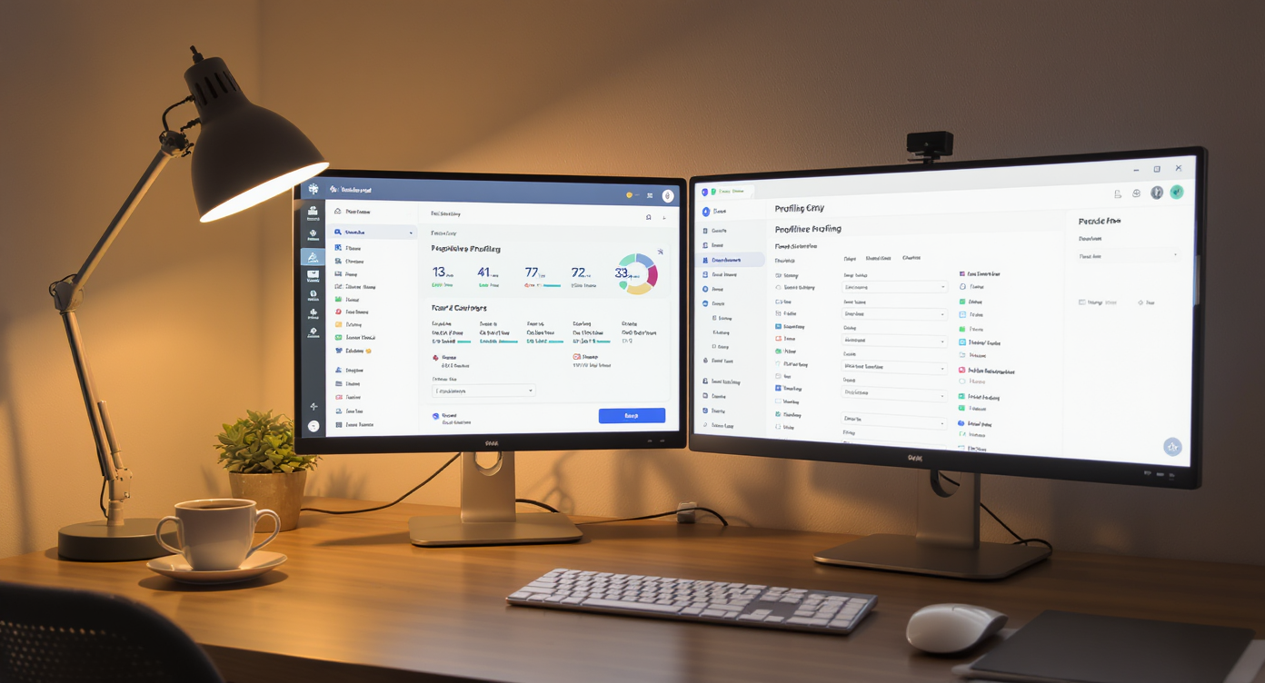 Minimalist desk with dual monitors displaying CRM and client profile form, coffee cup, and green succulent plant.