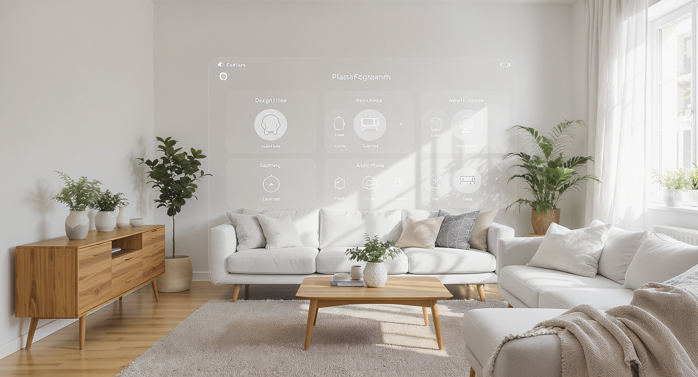 Bright Boho room with plaster walls and teak furniture showing AI design overlay blending digital tools into real space.