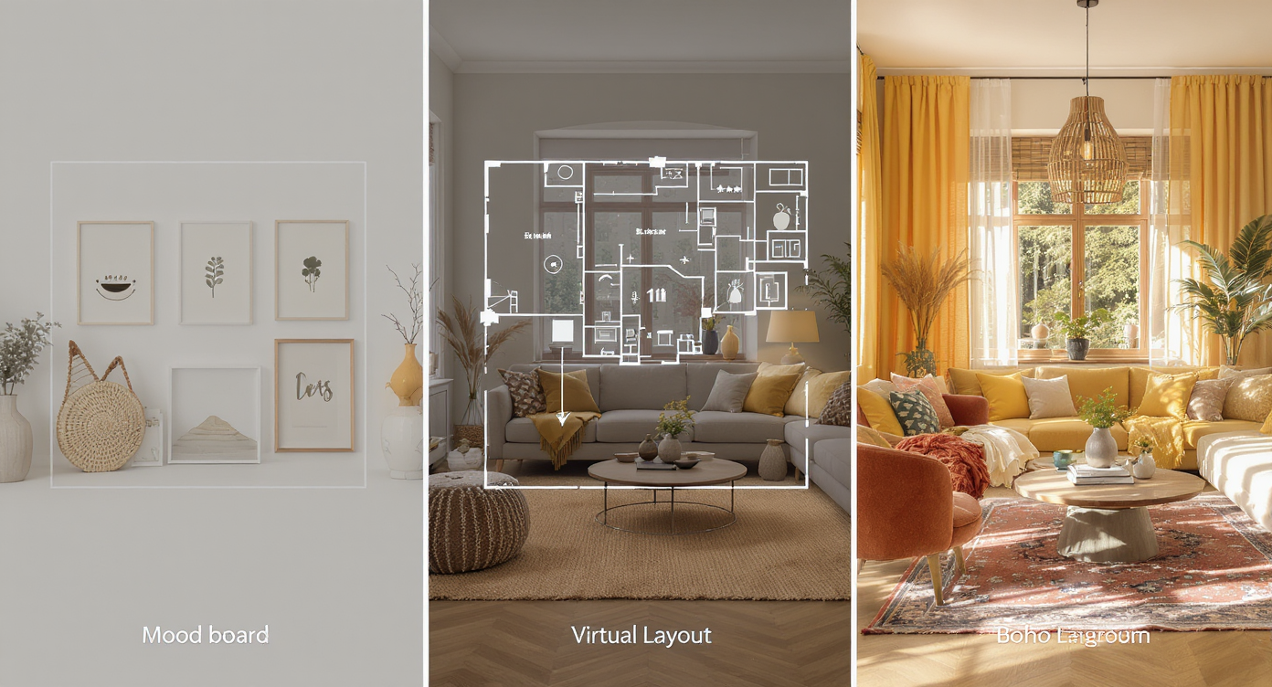 Three side-by-side interior renderings comparing mood board, typical virtual layout, and detailed AI-generated Boho living room.