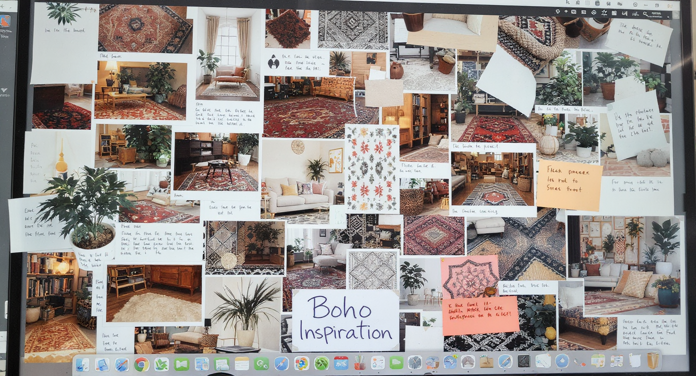Computer screen shows chaotic collage of overlapping Boho interior images and mood boards symbolizing endless inspiration.