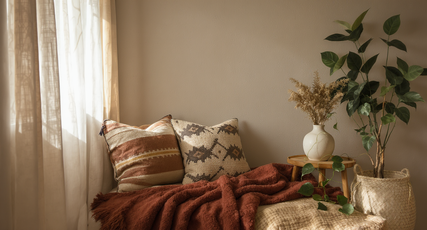 Cozy Boho nook with plaster wall, layered earthy kilim cushions, teak table, ceramic vase, and trailing pothos bathed in soft natural light.