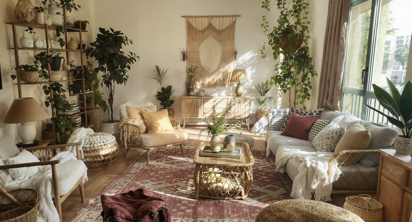 Cozy Boho apartment with kilim textiles, rattan furniture, and trailing plants bathed in warm natural light, showing a confident design choice.