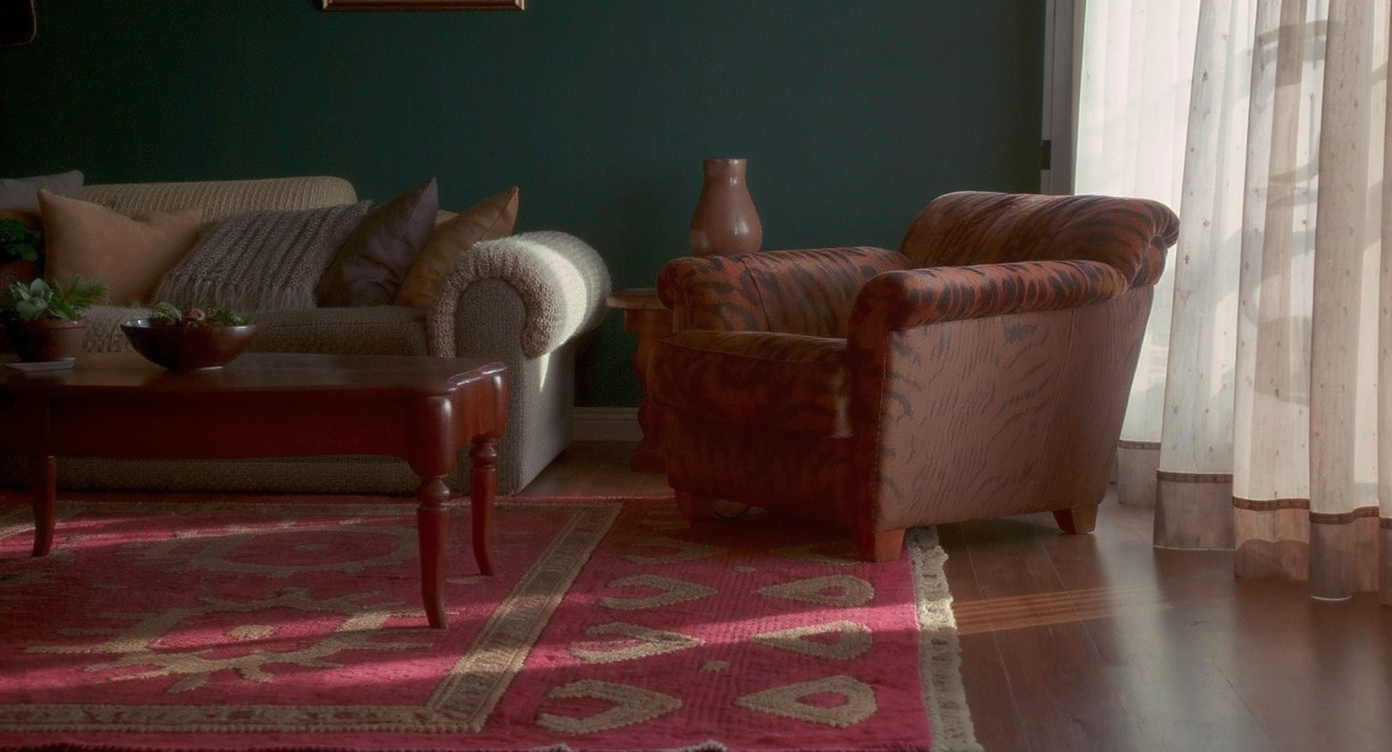 Cozy corner with orange tiger-print armchair against dark green walls, layered rugs, and warm wooden table under soft daylight.