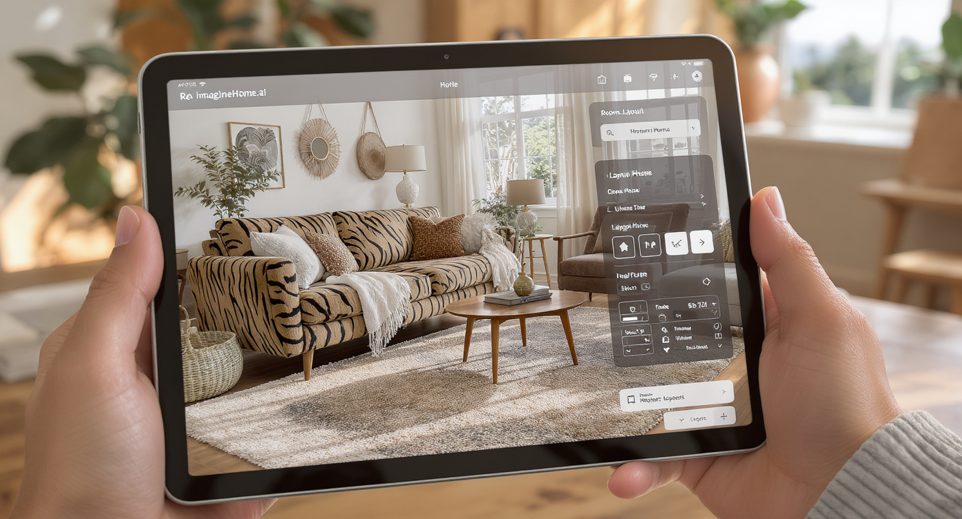 Living room with tiger-print sofa next to tablet showing ReimagineHome.ai interface for room visualization.