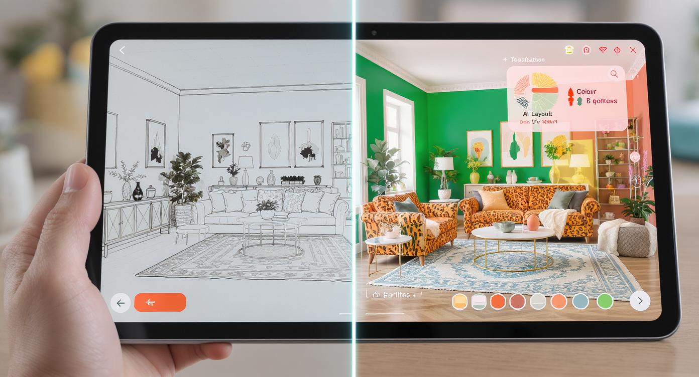 Split image of traditional home design sketch and AI-generated room redesign showing emerald walls with orange sofa.