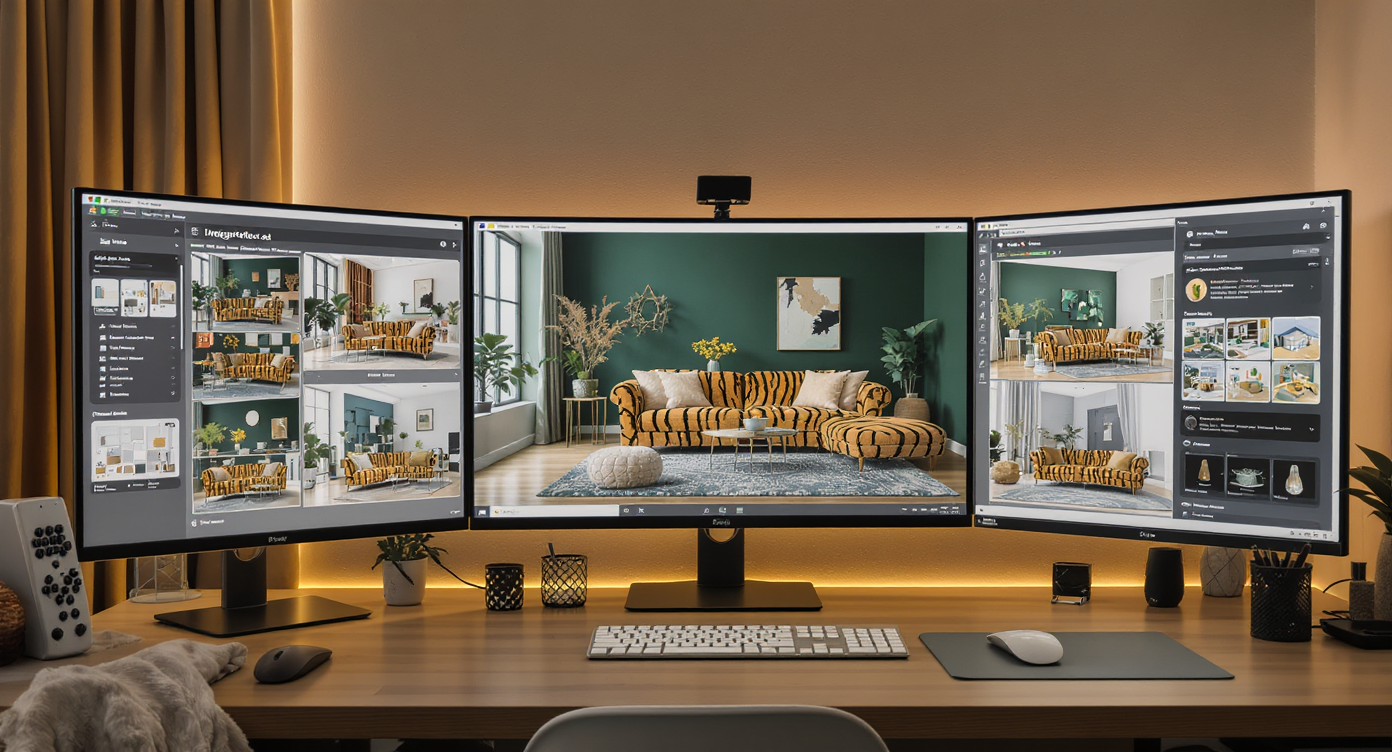 Workspace with screens showing different home design apps featuring ReimagineHome.ai’s multi-variation room visualizations.