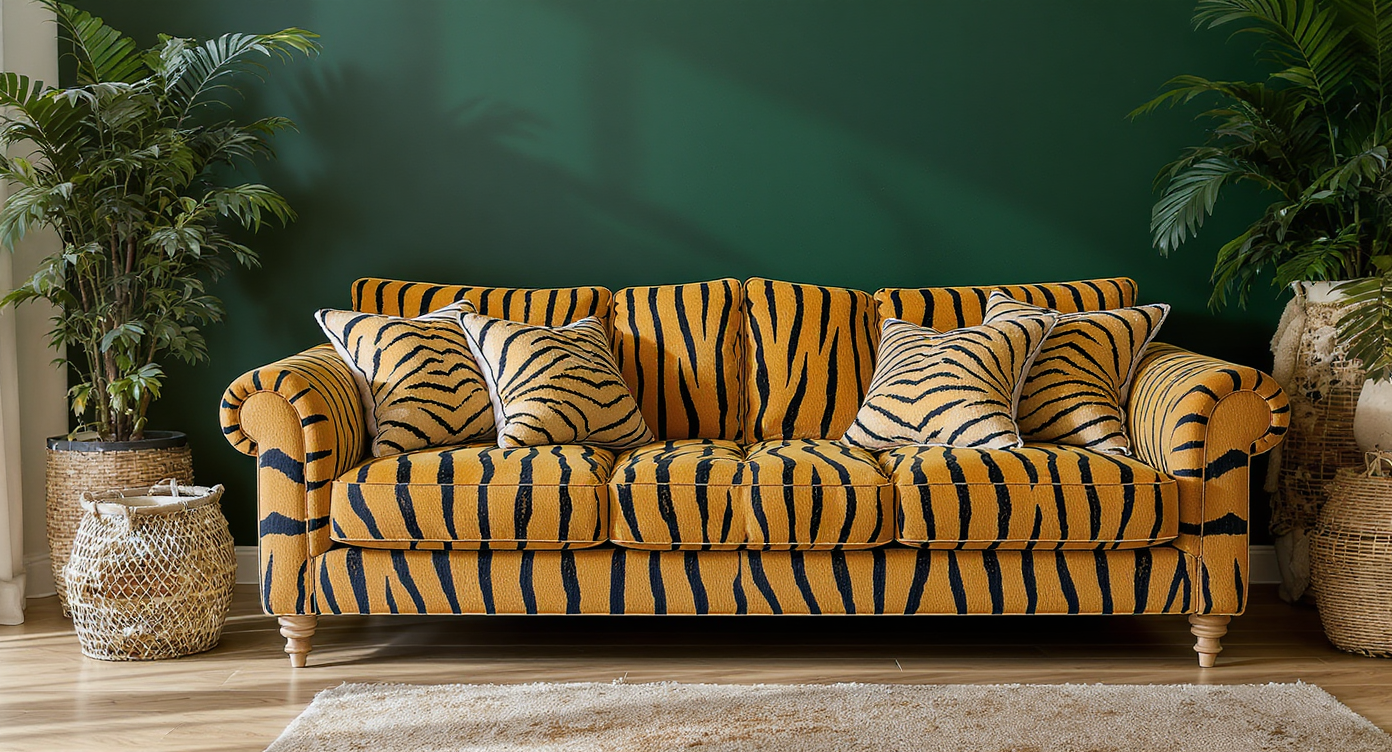 Living room showcasing large tiger-print sofa with smaller print cushions against dark green walls and natural wood accents.