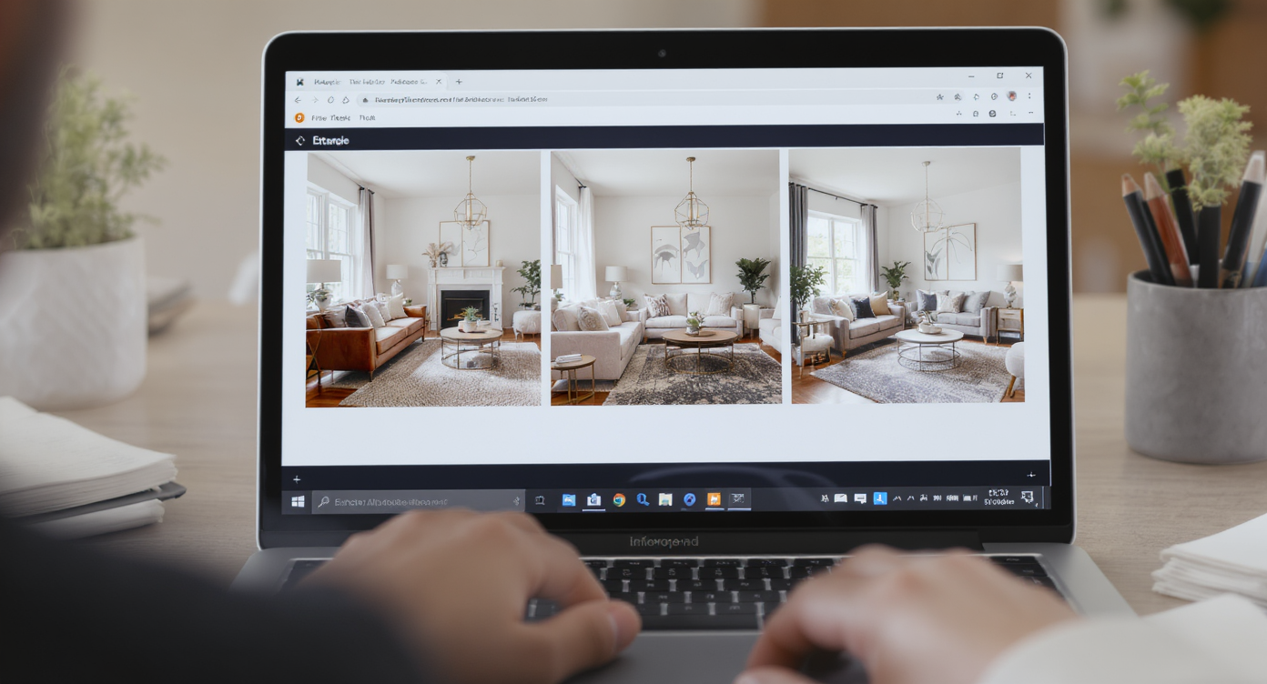 Real estate agent’s laptop showing staged photos of multiple occupied rooms with warm, realistic design and textures.