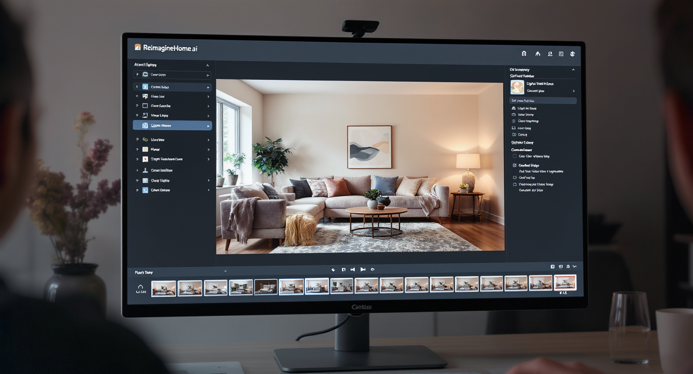 Computer screen showing ReimagineHome.ai interface staging an occupied living room with warm minimalism and AI design tools.