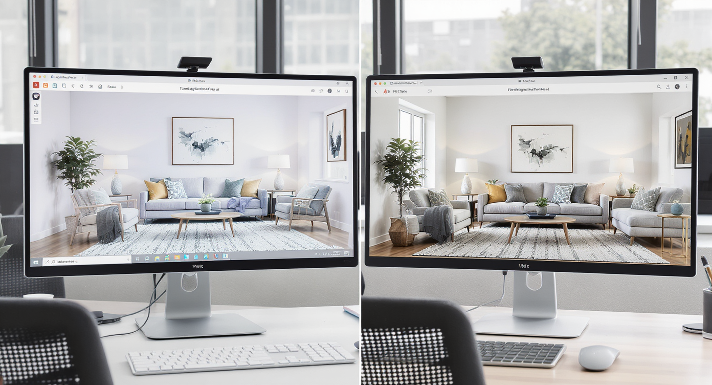 Dual screens comparing basic virtual staging with ReimagineHome.ai’s enhanced, photorealistic room visuals.