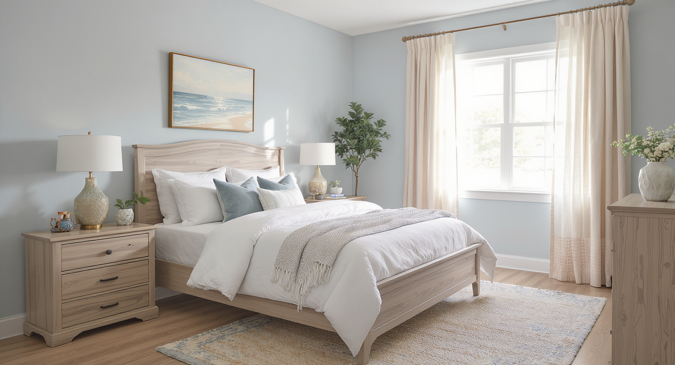 Coastal-style secondary bedroom with pale blue walls, white linens, and natural wood accents, lit by soft daylight through sheer curtains.