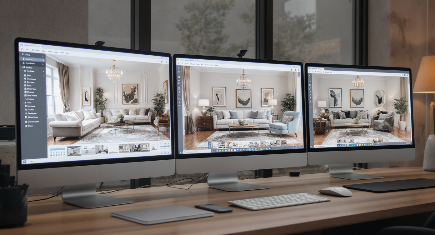 Modern workspace showing multiple computer screens with diverse virtual staged rooms, illustrating the evolution of virtual staging software.