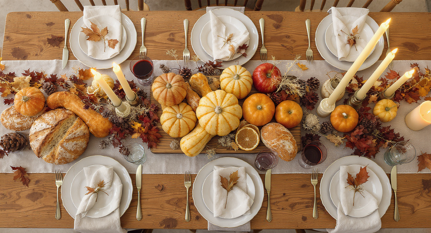 Overhead view of a Thanksgiving table with edible squash, apples, bread on wood board, dried orange garlands, linen, and candles in warm tones.
