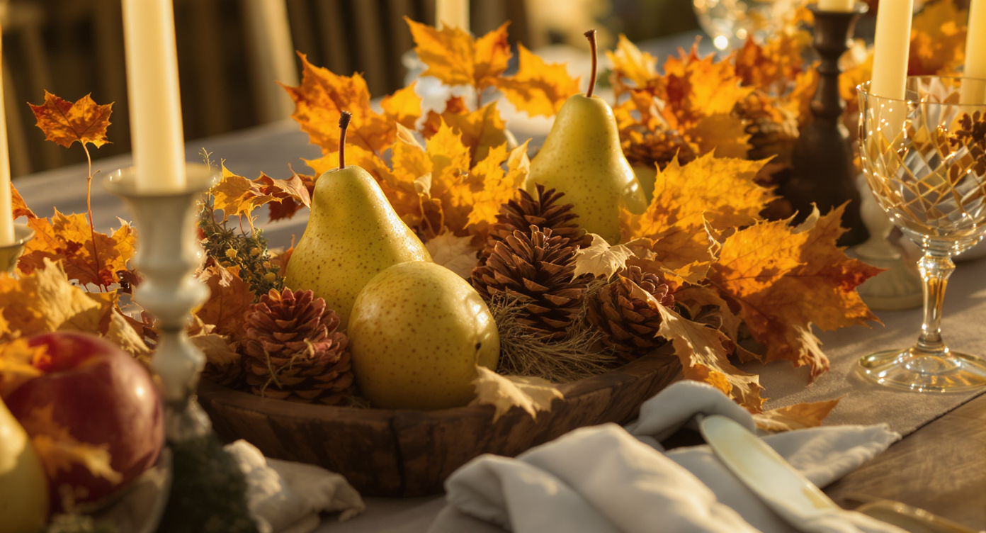 Close-up of edible Thanksgiving decor on a linen runner with pears, pine cones, autumn leaves, and beeswax candles in soft natural light.