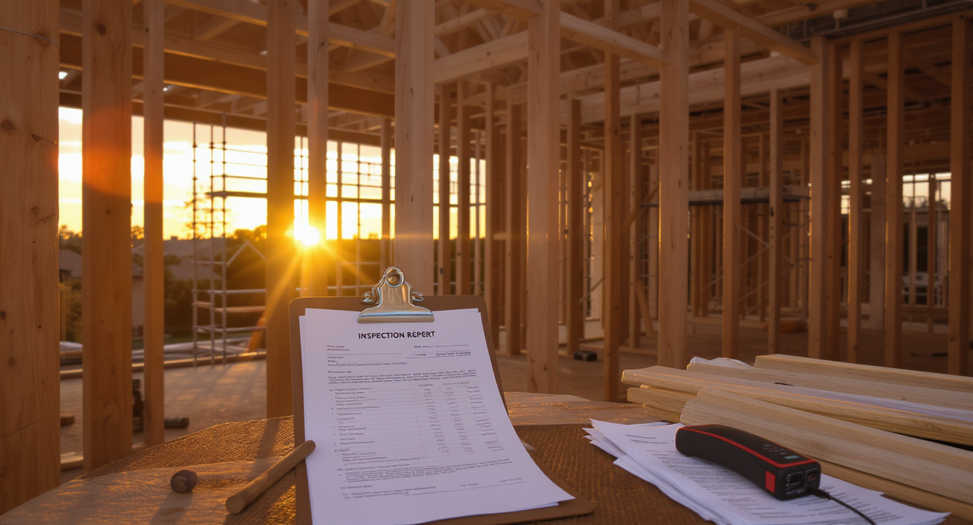 Partially built home at sunset with exposed framing, inspection reports, and appraisal scanner highlighting deal fragility.