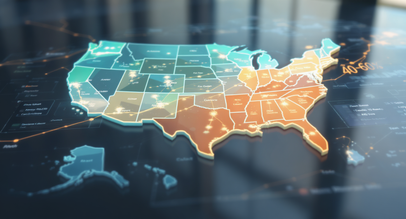 3D layered infographic with U.S. metro maps in teal to orange shades illustrating 40-60% rise in monthly mortgage payments since 2020.