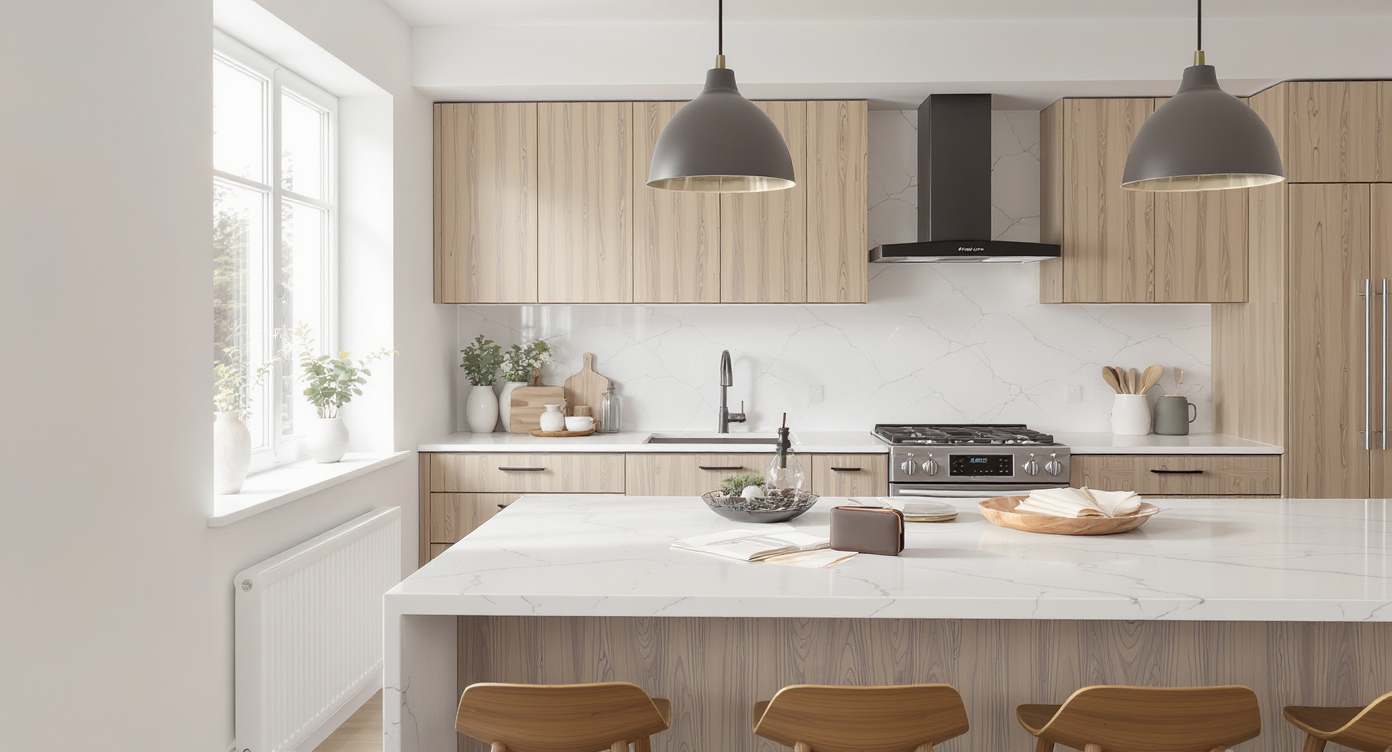 Scandinavian kitchen with pale wood cabinets, marble counters, and a kitchen island with a wallet and calculator in sunlight.