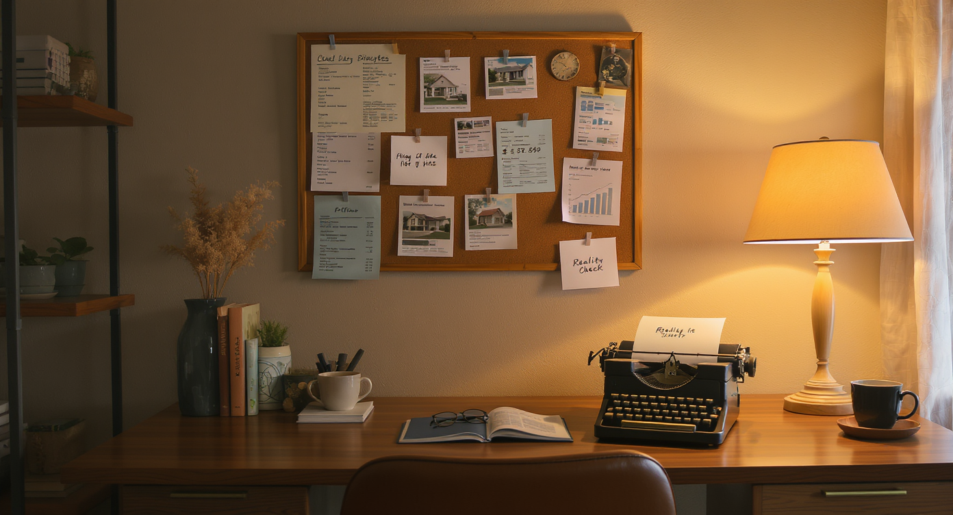 Warm home office with mood board of house listings and mortgage charts, vintage typewriter with a 'Reality Check' note, soft lighting.