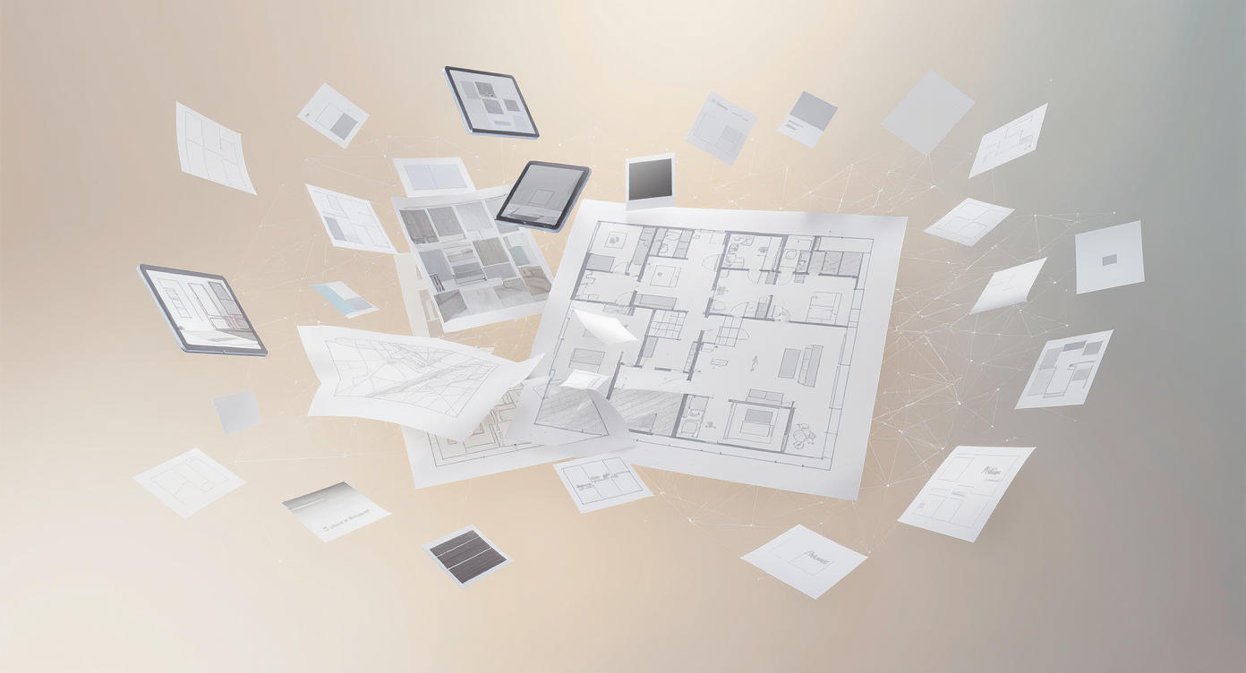 Overlay of scattered floor plans, sketches, and material samples illustrating the complexity and fragmentation in traditional renovation planning.