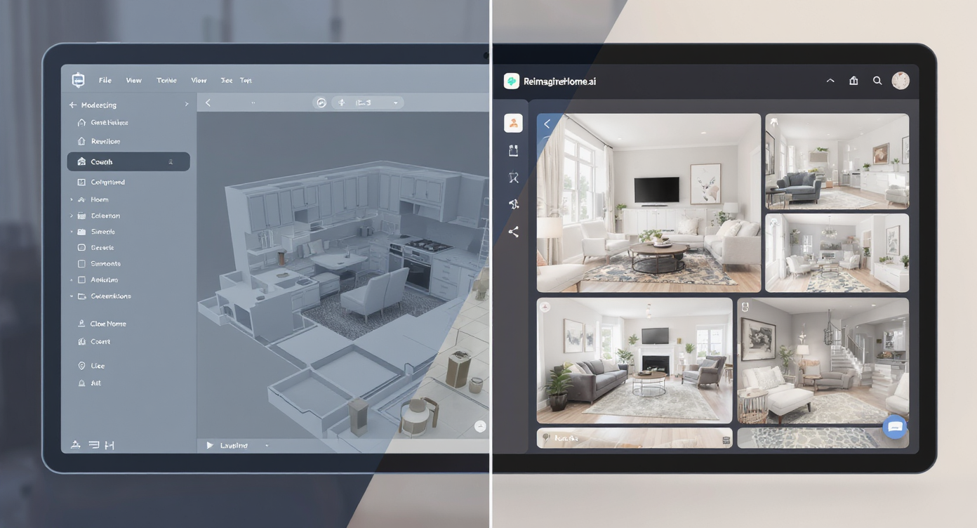 Split screen showing complex legacy design software and user-friendly ReimagineHome.ai interface with instant styled room visualizations.