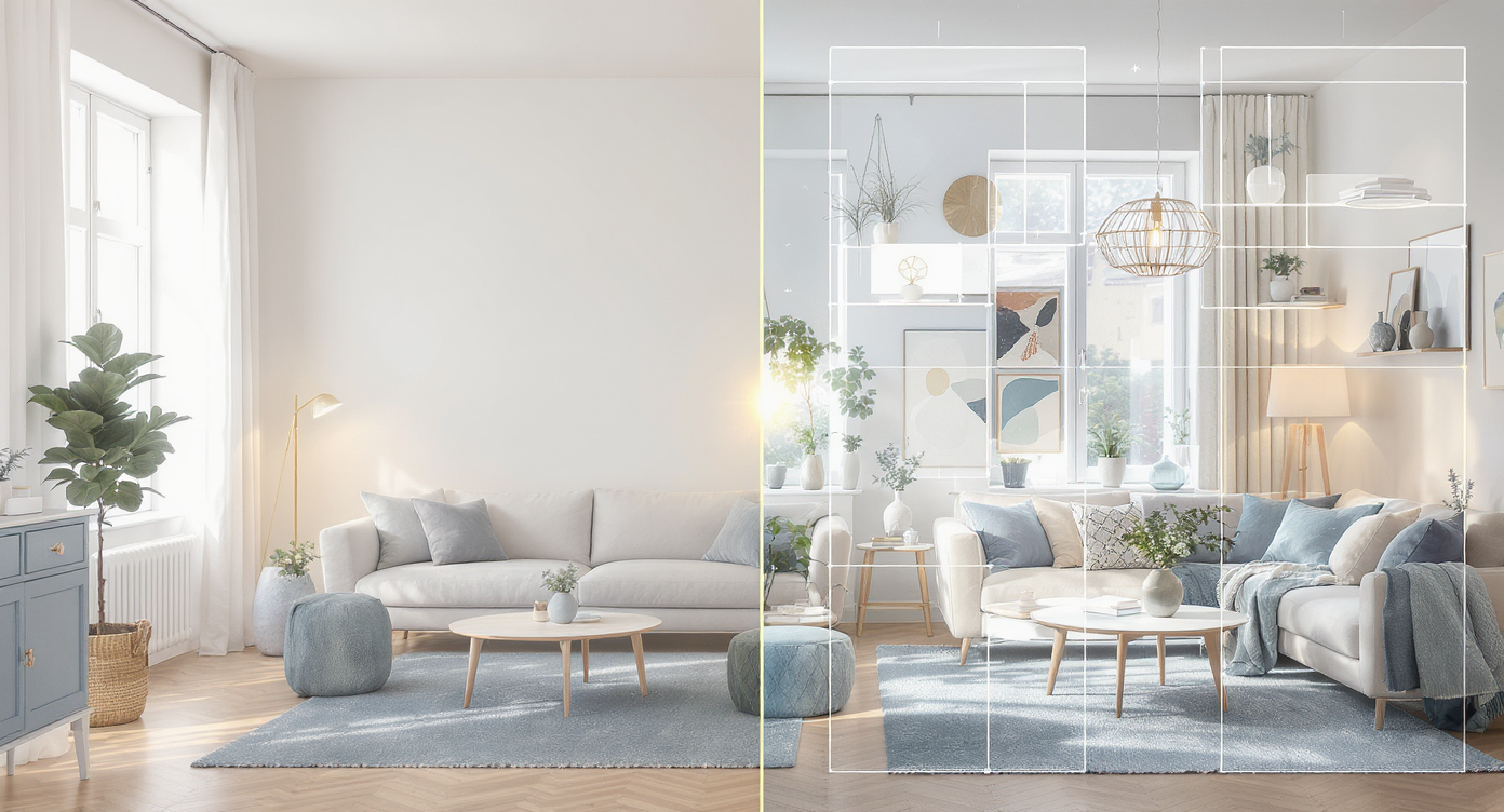 Split-screen apartment showing empty room and layered design visualizations in soft blues and neutrals to illustrate design idea exploration.