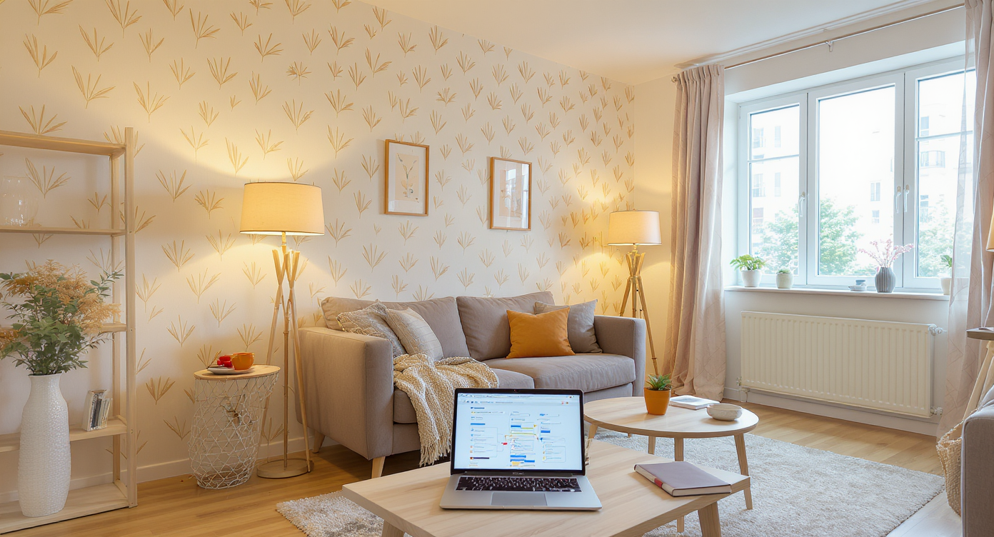 Bright living room with peel-and-stick wallpaper, fold-out sofa, layered lighting, and laptop showing renovation roadmap, illustrating renter makeover.