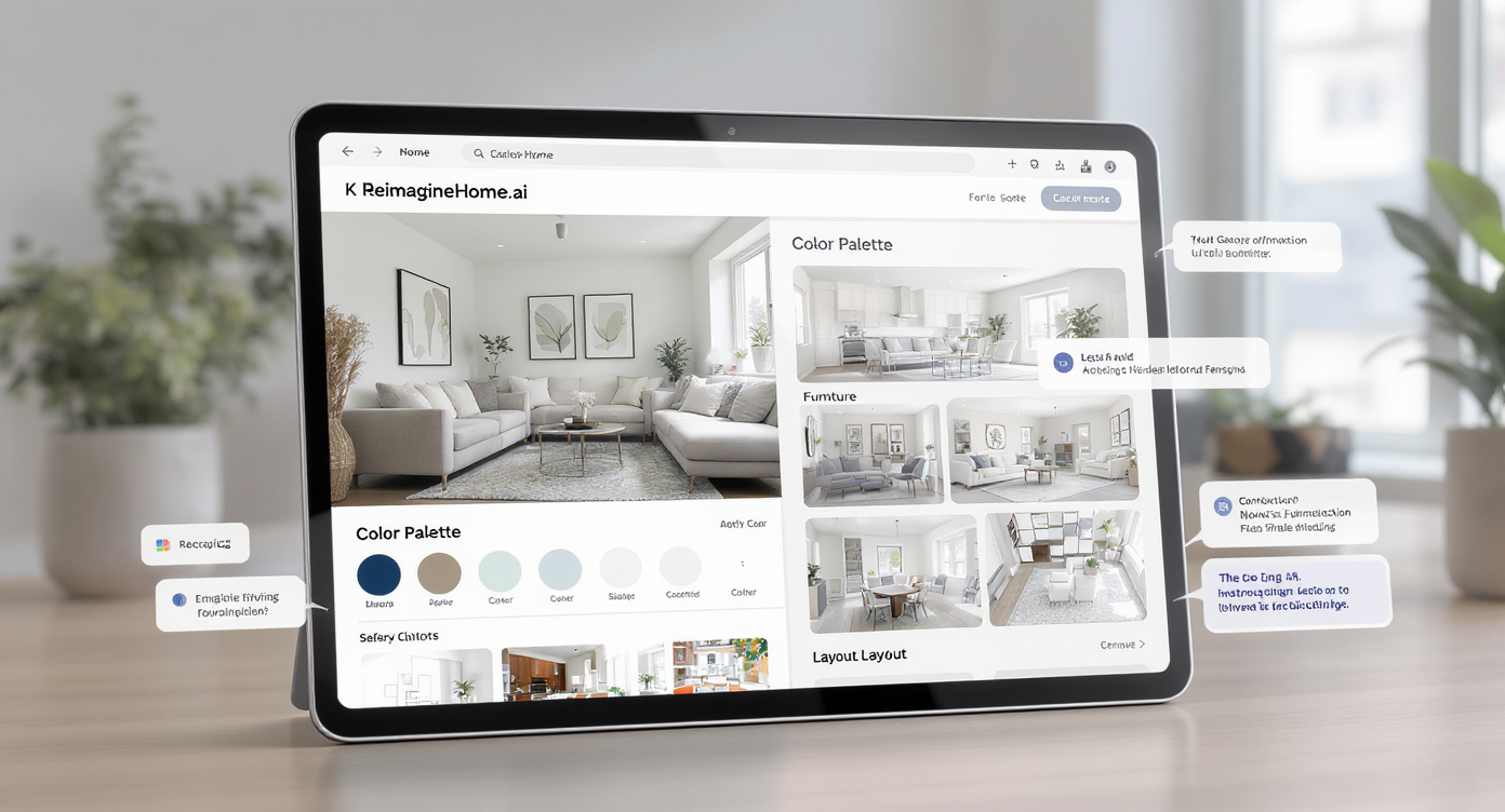 Modern device displaying ReimagineHome.ai interface with redesign options beside a living room photo, set in a bright workspace.