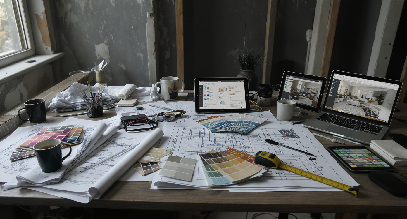 Dim workspace with scattered blueprints, paint samples, measuring tape, and devices, highlighting the complexity of traditional renovation planning.