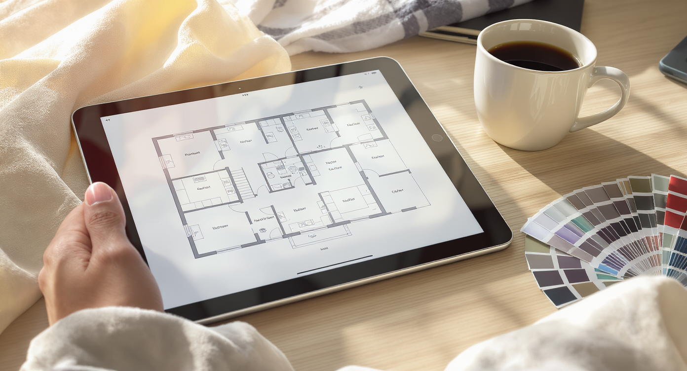 Digital floor plan on tablet beside scattered paint swatches and morning light, illustrating early home renovation planning.