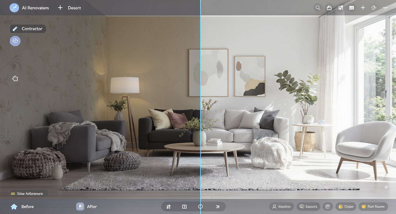 Split-screen rendering of a living room before and after AI renovation design, showcasing collaborative remodeling features.