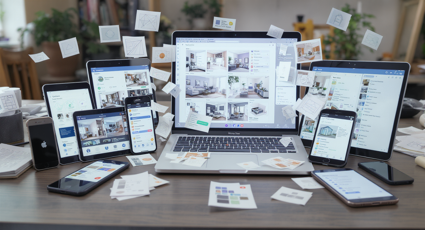 Desk cluttered with several gadgets showing various renovation apps, depicting confusion from using too many tools without clarity.