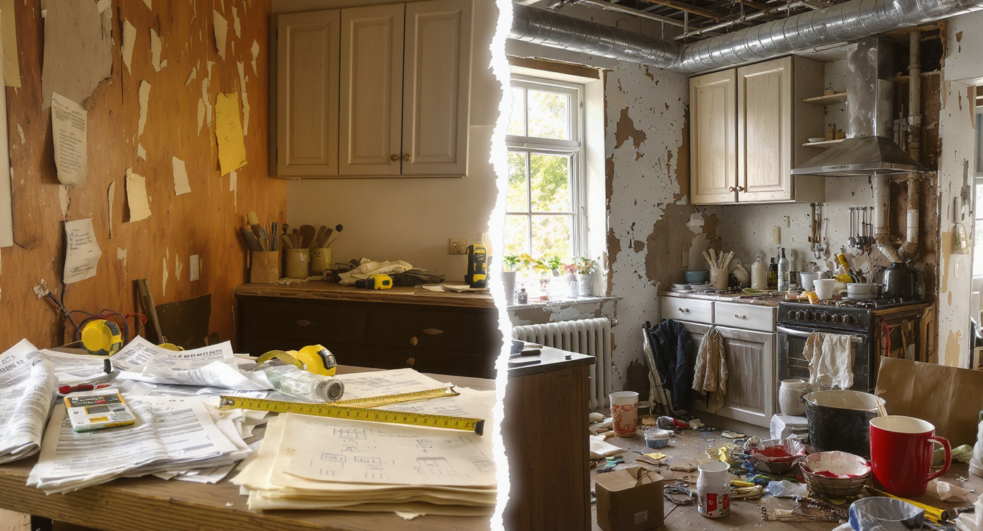 Half-renovated kitchen with exposed fixtures beside a cluttered workbench filled with renovation bills and tools illustrating cost confusion.