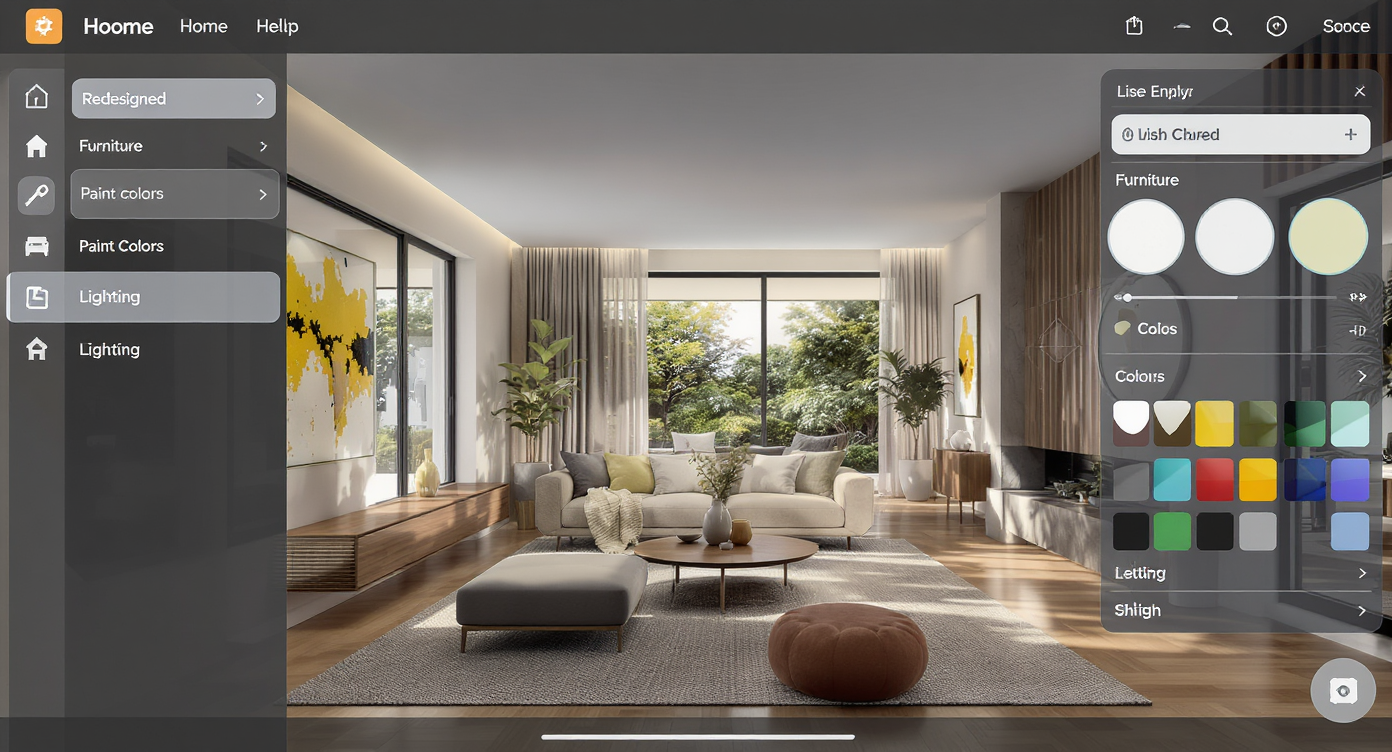 3D digital rendering of a mid-century modern living room with interactive design options highlighting collaborative renovation planning.