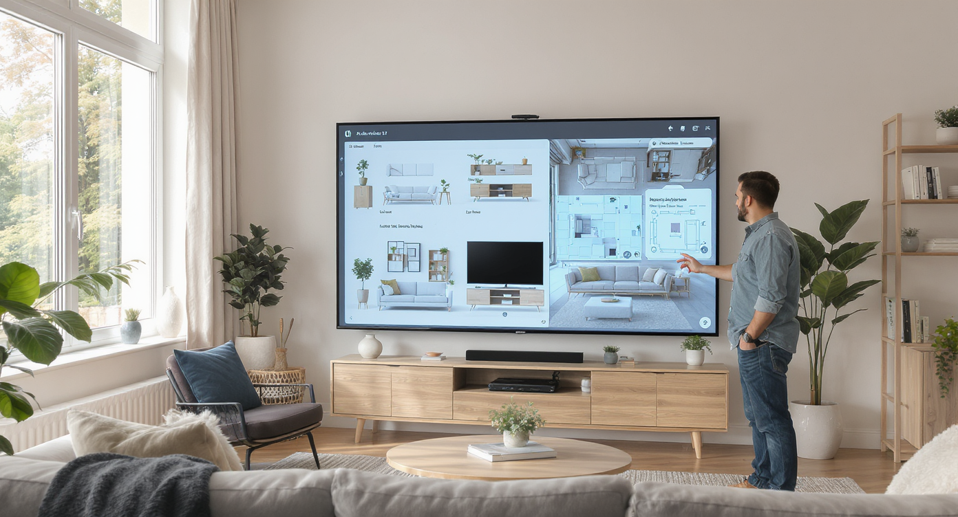 Homeowner using AI-powered design software on touchscreen to visualize various furniture and TV layouts in a bright living room.