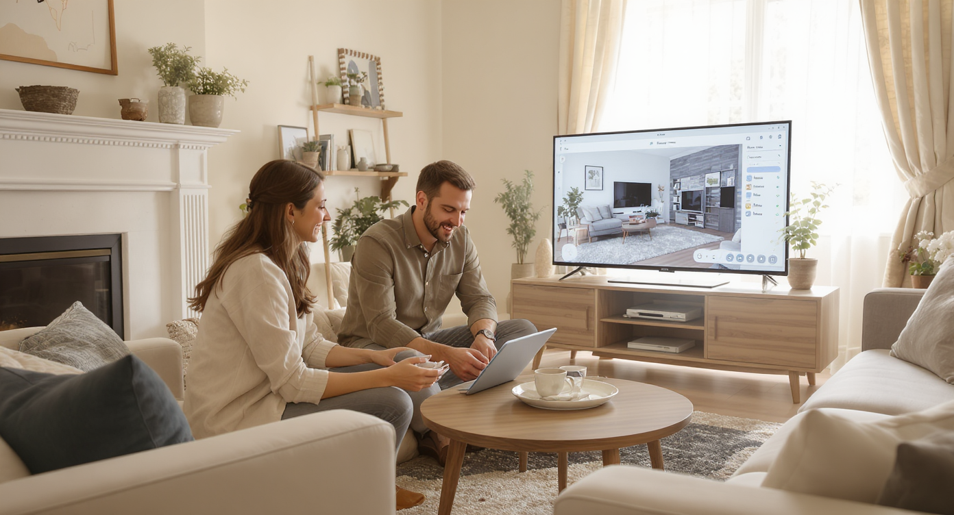 Couple reviewing AI-generated living room layouts on a tablet, deciding on better TV placement beside a fireplace in natural light.