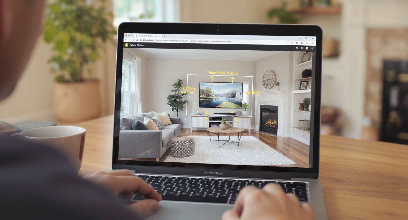 Homeowner previews various TV layout options on a laptop screen using ReimagineHome.ai in a cozy living room with fireplace.
